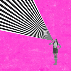 Shouting in megaphone. Contemporary art collage with megaphone and abstract optical ray isolated on color background.