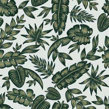 Beautiful seamless summer botanical vector pattern with green exotic leaves
