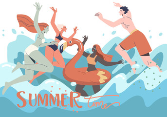 Woman ride on inflatable flamingo and young group of friends jumping into the sea. Having fun and refreshing on a hot summer day.
 Vector design illustration.