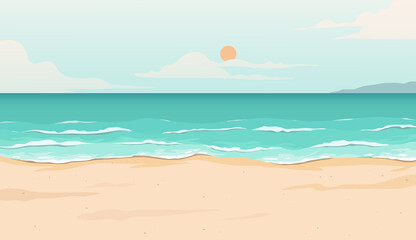 Fototapeta na wymiar Summer beach background, sky, sun, sea and white sand beach. Vector design illustration.
