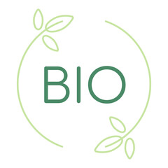 Label with the inscription bio. Linear icon or badge with leaves. Logo template for eco-friendly products.
