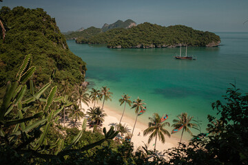 Naklejka premium Koh wua Ta Lap, Thailand - December 26th, 2019 : View on a paradise beach and turquoise sea water on a sunny day in Ang Thong National Park in the Gulf of Thailand with palm trees and long tail boats