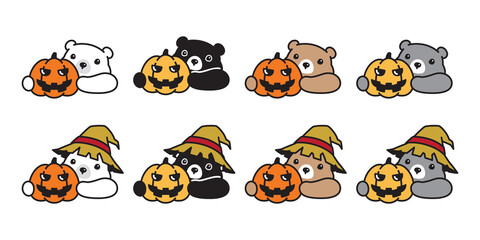 Bear vector halloween pumpkin polar bear icon witch hat teddy logo symbol cartoon character doodle illustration design clip art