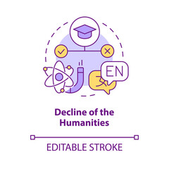 Decline of humanities concept icon. Impractical discipline. Issue in higher education abstract idea thin line illustration. Isolated outline drawing. Editable stroke. Arial, Myriad Pro-Bold fonts used