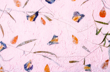 The mulberry paper with red and yellow flower petal and seed texture background and wallpaper
