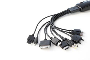 different types of charger connectors for phones, on a white background