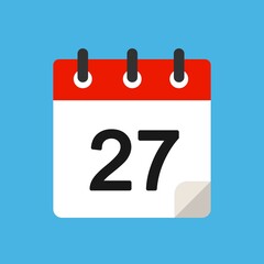 Calendar day 27. Number twenty sem on white paper with red frame. Vector illustration.