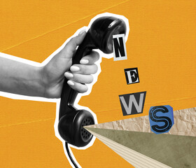 Contemporary art collage. Female hand holding retro phone with news lettering. Concept of creativity, mass media influence, information, news. Copy space for ad