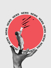 Contemporary art collage. Female hand holding megaphone with news lettering. Concept of creativity, mass media influence, information, news. Copy space for ad - obrazy, fototapety, plakaty