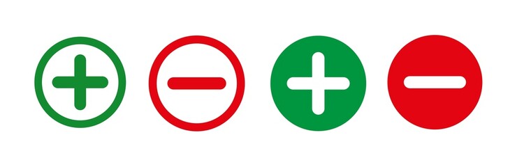 Plus and minus vector. Green and red icon. Vector illustration.