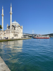Fototapeta na wymiar ISTANBUL, TURKEY: Ortakoy Mosque in Besiktas, Istanbul, Turkey, is situated at the waterside of the Ortakoy pier square, one of the most popular locations on the Bosphorus.