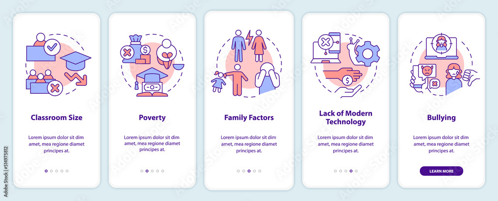 Poster public schools challenges onboarding mobile app screen. walkthrough 5 steps editable graphic instruc