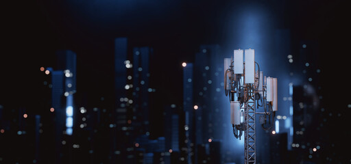 3D Rendering of mobile phone signal repeater station tower with blur city at night background. For telecommunication industry, 4g 5g mobile data.
