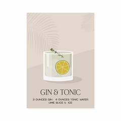 Gin Tonic Cocktail on the rocks garnished with slice of lime and herb twig. Summer aperitif retro vertical poster. Minimalist print with alcoholic beverage on background with palm shadow. Vector. - obrazy, fototapety, plakaty