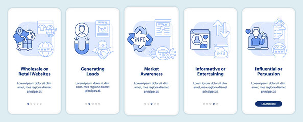 Main websites categories light blue onboarding mobile app screen. Walkthrough 5 steps editable graphic instructions with linear concepts. UI, UX, GUI template. Myriad Pro-Bold, Regular fonts used