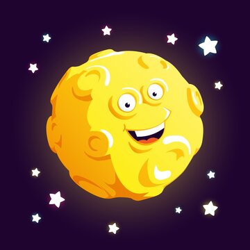 Cartoon moon with a smiling face. The moon with craters is a funny character. Vector illustration.