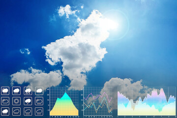 Weather forecast symbol data presentation with graph and chart on dramatic white clouds with bright sunlight on summer blue  sky for meteorology report background.