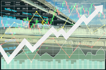 Stock financial index background show data graph and chart of transportation logistic business and expressway construction industry for report and presentation background.
