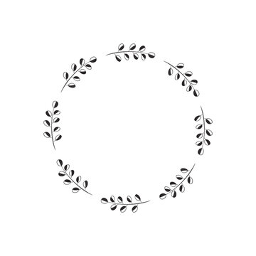 Decorative wreath with abstract twigs and round black white leaves. Frame for logo, monogram, festive design. Line drawing. Floral border, scrapbooking element. Vector illustration isolated on white