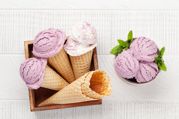 Various ice cream in waffle cones