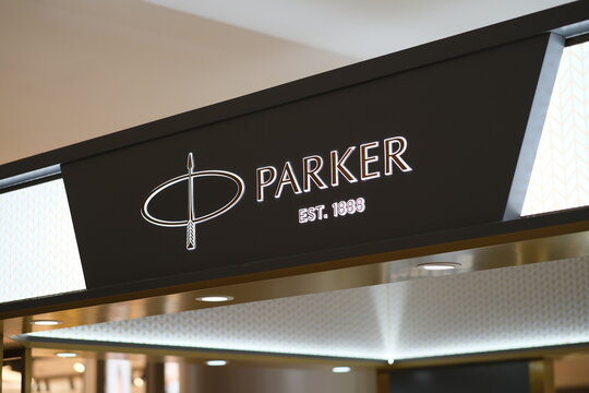 Shanghai,China-July 2nd 2022: close up Parker Pen Company logo.  Luxury writing pens brand