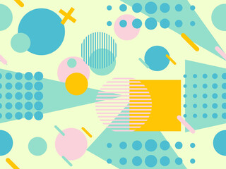 Geometric seamless pattern with memphis elements in 80s style. Colorful geometric pattern. Design of promotional products, wrapping paper and printing. Vector illustration