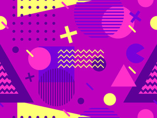 Geometric seamless pattern in 80s style. Background with colorful geometric shapes in memphis style. Design of promotional products, wrapping paper and printing. Vector illustration