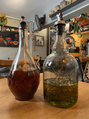 food and free space for your decoration. blurred background in restaurant. table in restaurant with oil.