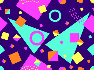 80s seamless pattern with geometric shapes in memphis style. Circles and triangles. Colorful abstract background for printing on promotional items, banners and wrapping paper. Vector illustration