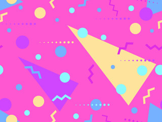80s seamless pattern with geometric shapes in memphis style. Circles and triangles. Colorful abstract background for printing on promotional items, banners and wrapping paper. Vector illustration