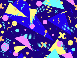 Geometric seamless pattern in 80s memphis style. Colorful background with geometric shapes. Design for promotional products, wrapping paper, brochures and printing. Vector illustration