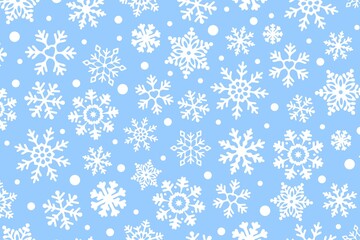 White Snowflakes on Blue background, vector Seamless Pattern. Falling Snowflakes on Blue backdrop. Concept of Winter holiday.