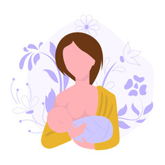 Woman breastfeeding a child. Flat illustration with decorated flowers