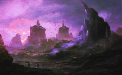 fantasy digital art ,futuristic  dark landscape with large red sun and strange birds with small people in the forground ,made with the help of AI