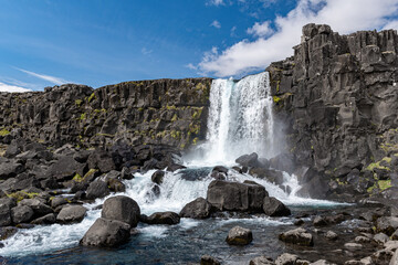 Waterfall Oxararfoss in the Thingvellir national park in Iceland