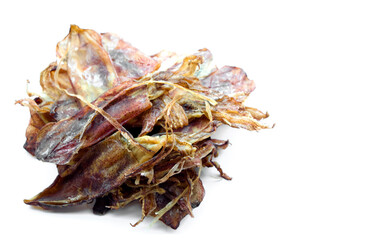 Dry squids isolated on white background. Dried squid, seafood for variety of food ingredients such as grilling and frying, snack food, Concept about food preservation. Weird food. Popular in Thailand.