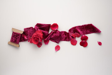 Composition in red romantic color. Red rose with a decorative velvet ribbon with petals on a light background