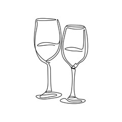 Pair wine glasses isolated line art vector. Glasses on legs for alcoholic drinks. Glassware for drinking black outline on white background