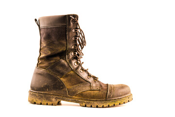 dirty military style light ankle boot isolated on white background - side view