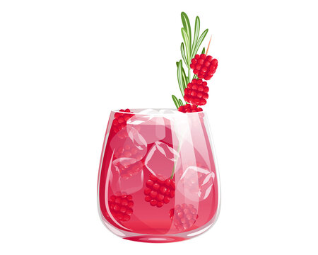 Raspberry Cocktail.A Summer Refreshing Drink With Raspberries, Ice And Rosemary.Vector Illustration.