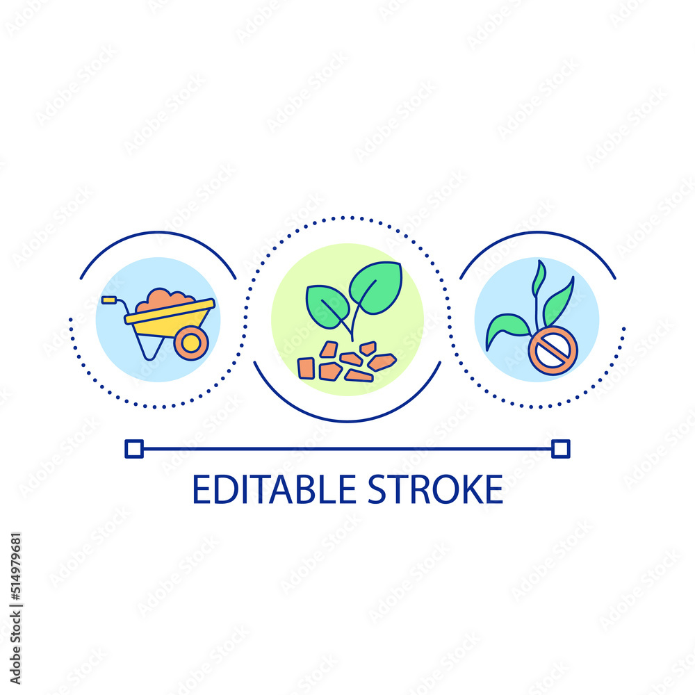 Poster Mulch supplement loop concept icon. Cover soil to protect seedlings. Gardening recommendation abstract idea thin line illustration. Isolated outline drawing. Editable stroke. Arial font used