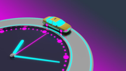Fototapeta premium neon taxi car rides on the clock face