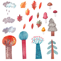 Set with trees, leaves and mushrooms on a white background. Watercolor illustration. Season. Leaves. Autumn. Forest. Postcard. Art. Design. Handmade work. Print. Nature. Decorative. Collection. 