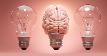 Row of light bulbs with glowing human brain. Concept of inspiritation, creativity, idea, education, innovation and energy. 3D rendering.