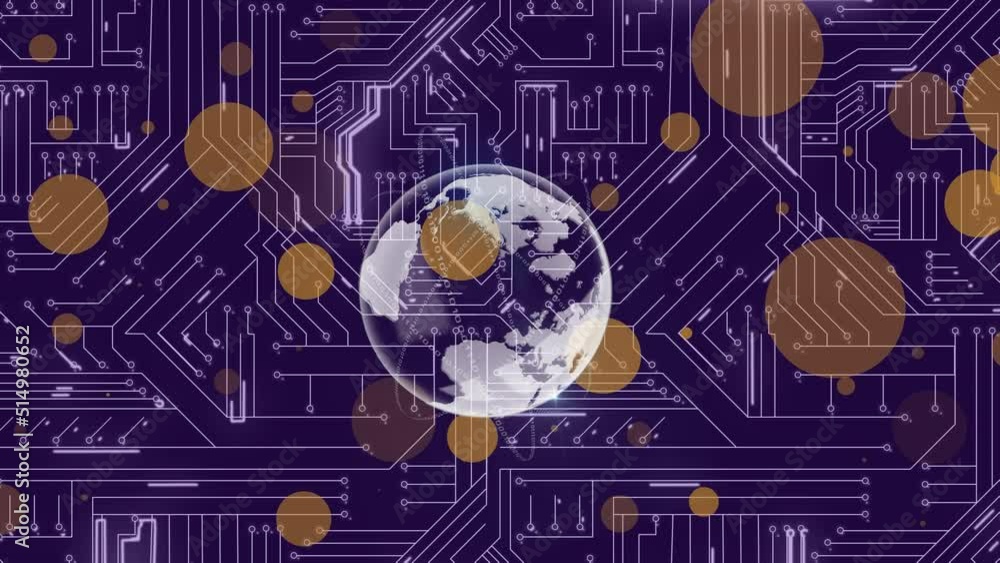 Poster animation of globe and light spots over computer circuit board on black background