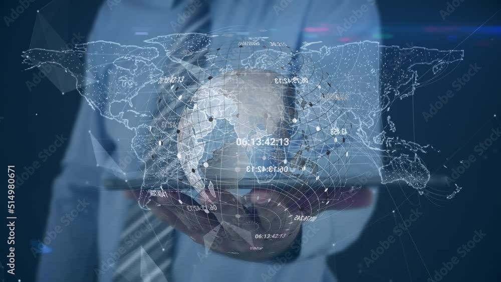 Poster animation of globe with data processing and world map over caucasian businessman