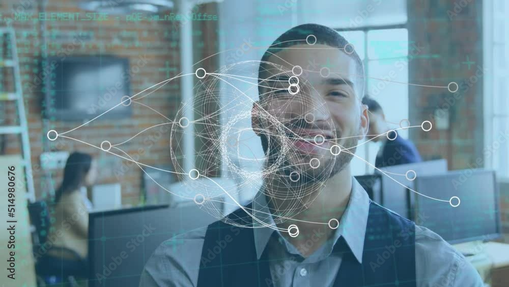 Poster animation of network of connections and data processing over biracial businessman in office