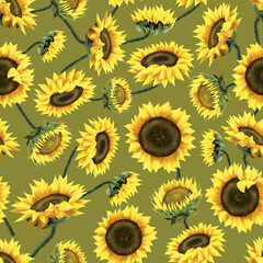 Watercolor seamless pattern with sunflowers, yellow flowers, green background