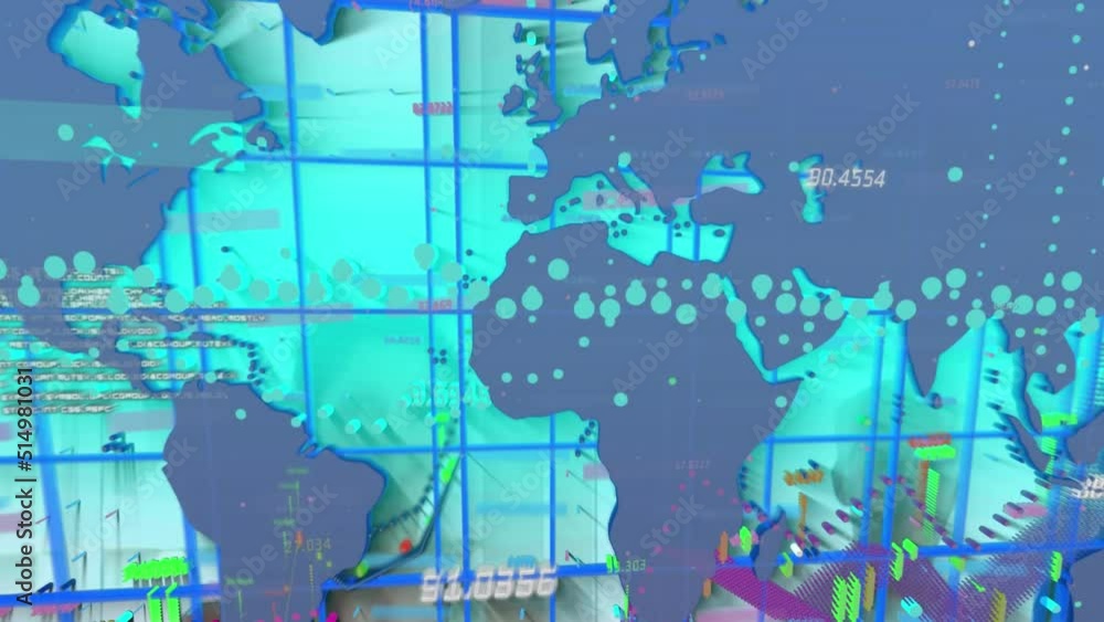Poster Animation of data processing and world map over diverse people exercising