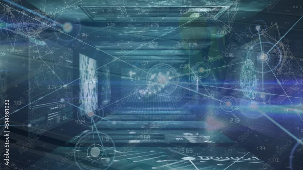 Poster animation of network of connections over data processing on digital screens